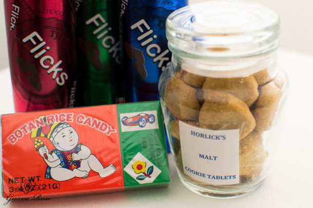 Childhood favorite candies: Horlick's malt cookie tablets, Flicks, Botan rice candy